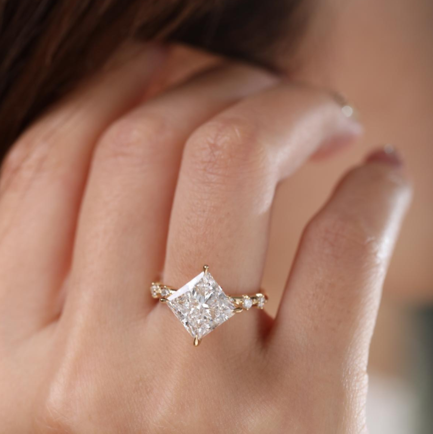 18K Yellow Gold 3.5ct Princess Cut Lab Diamond Vintage Ring with Marquise Cut and Round Lab Diamond Side-stones