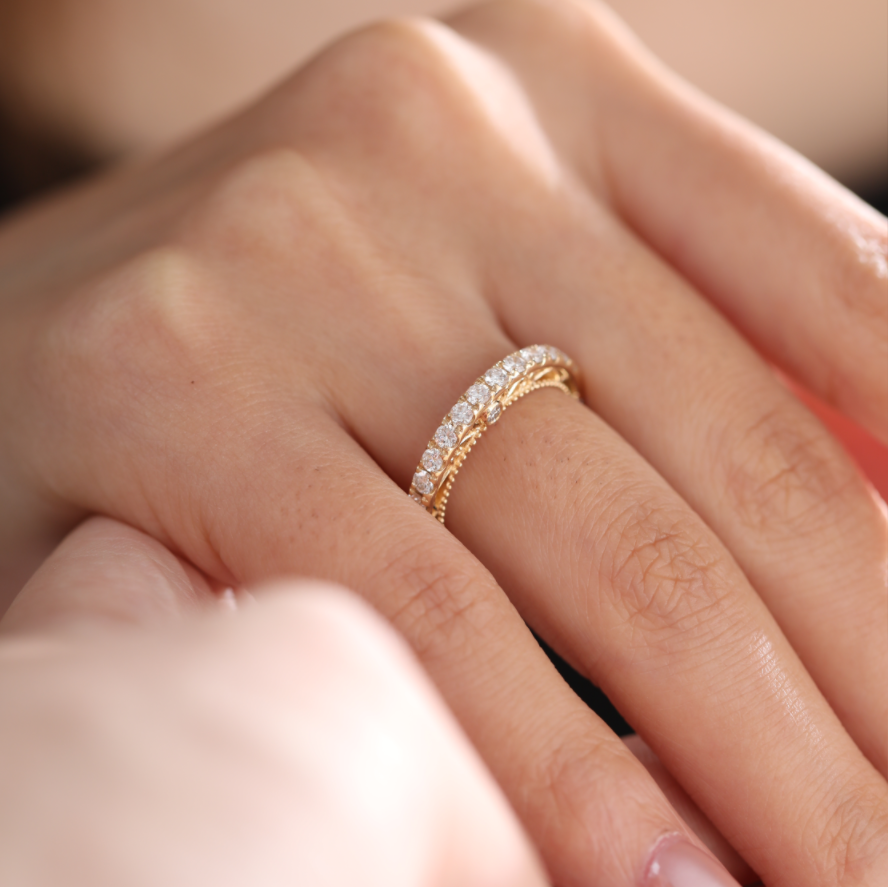 18K Yellow Gold Round Cut Lab Diamond Millegrain and Foral Design Eternity Ring