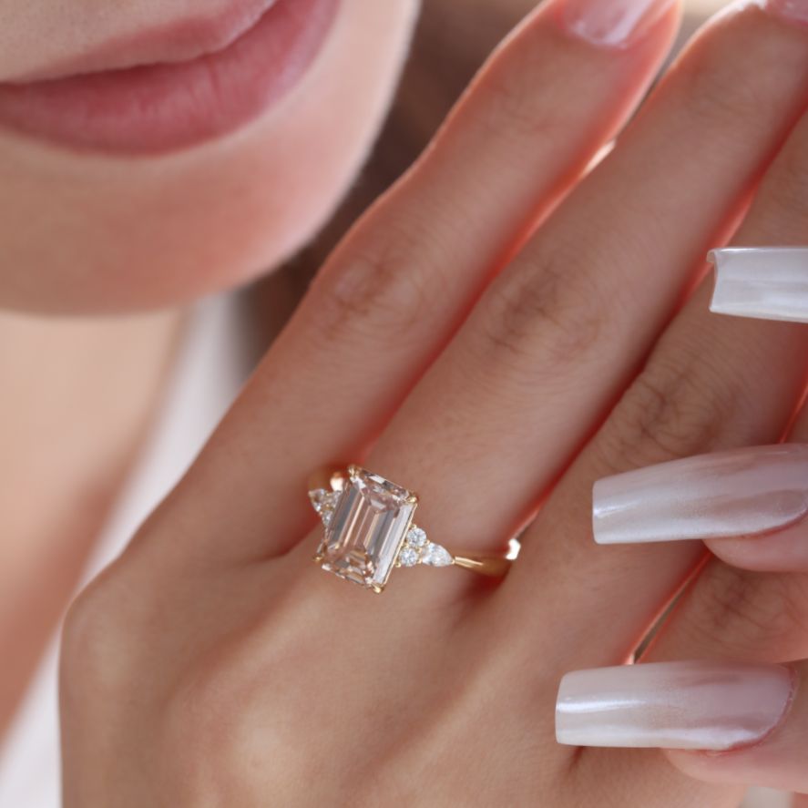 18K Yellow Gold 3.5ct Emerald Cut Brown Lab Diamond Foral Side-stone Ring with Tapered Band