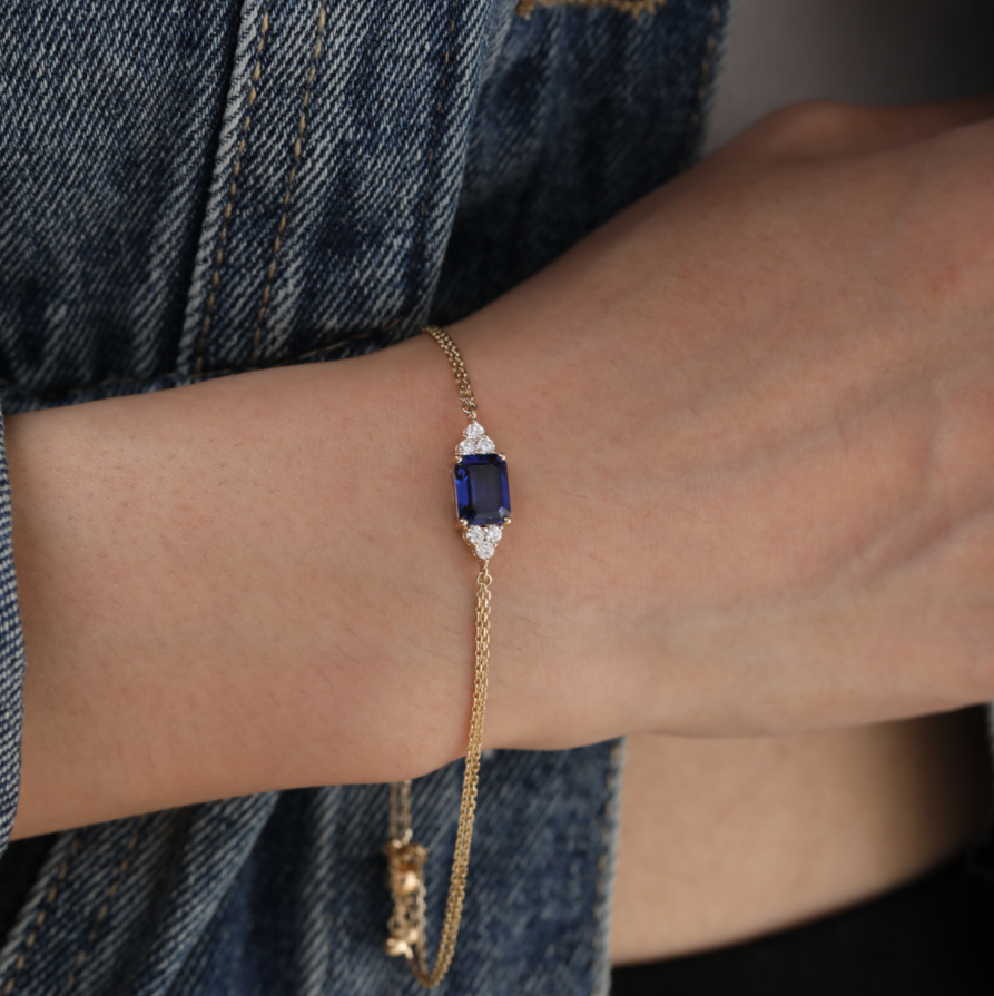 14K Yellow Gold 2ct Royal Blue Lab Sapphire Chain Bracelet with Round Lab Diamond Side-stones