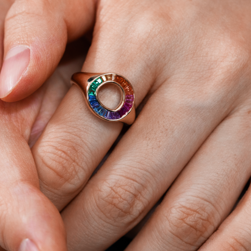 14K Yellow Gold Baguette Cut Rainbow Color Lab Sapphire Channel Setting Sphere Ring
