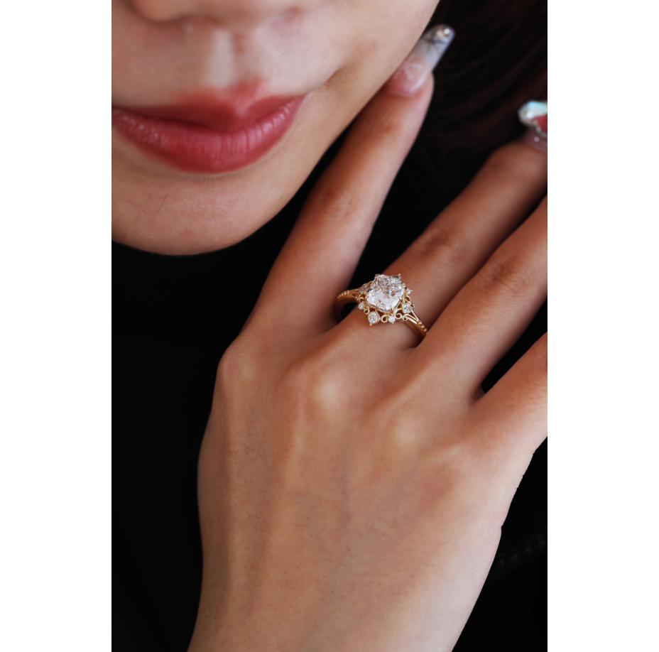 14K Yellow Gold 2.5ct Elongated Cushion Cut Lab Diamond Victoran-Style Ring with Floral Motifs