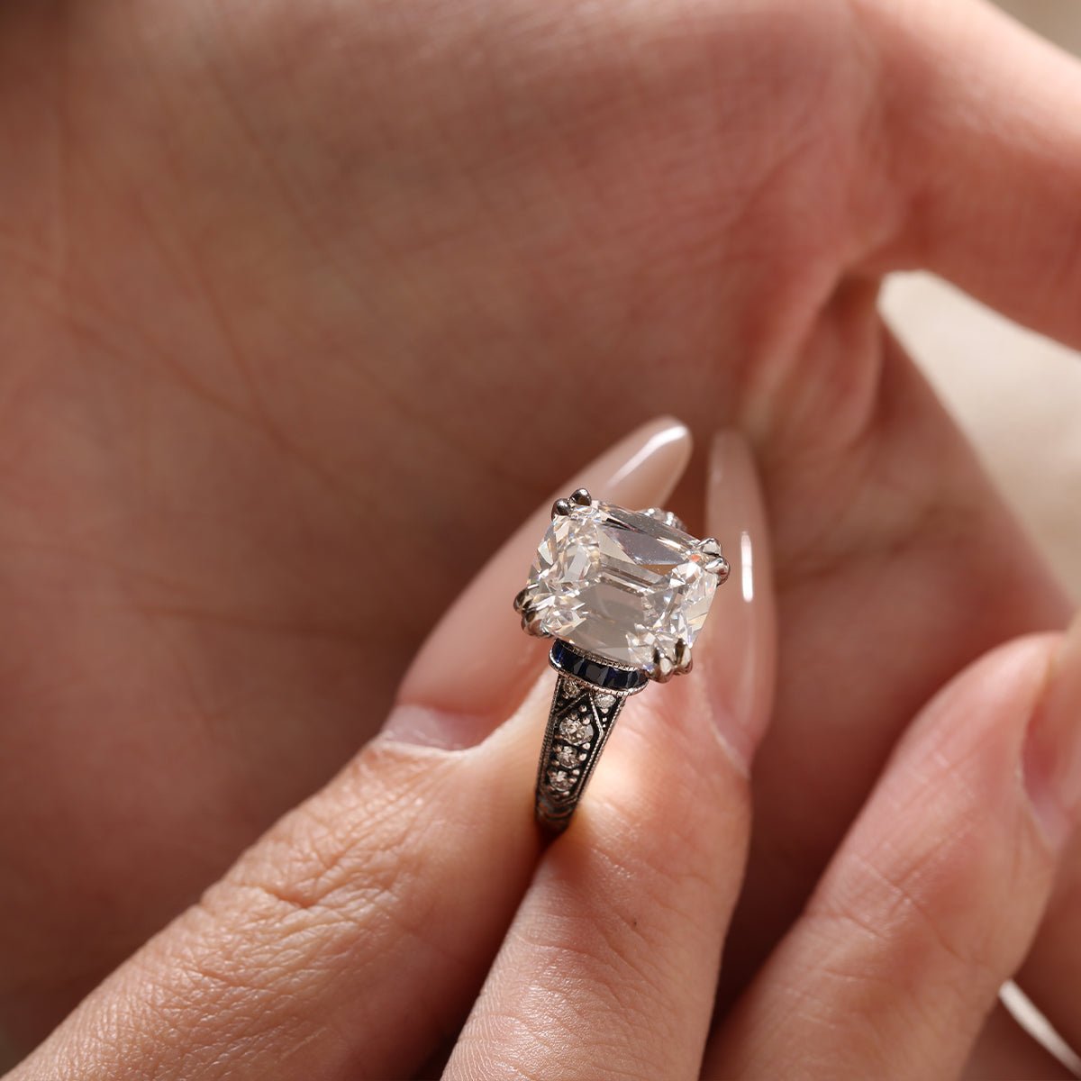 Elongated Old Mine-Cut Lab Diamond Antique-Inspired Ring with Princess-Cut Lab Sapphire, Round-Cut Lab Diamond Side Stones and Classical-Pattern Band