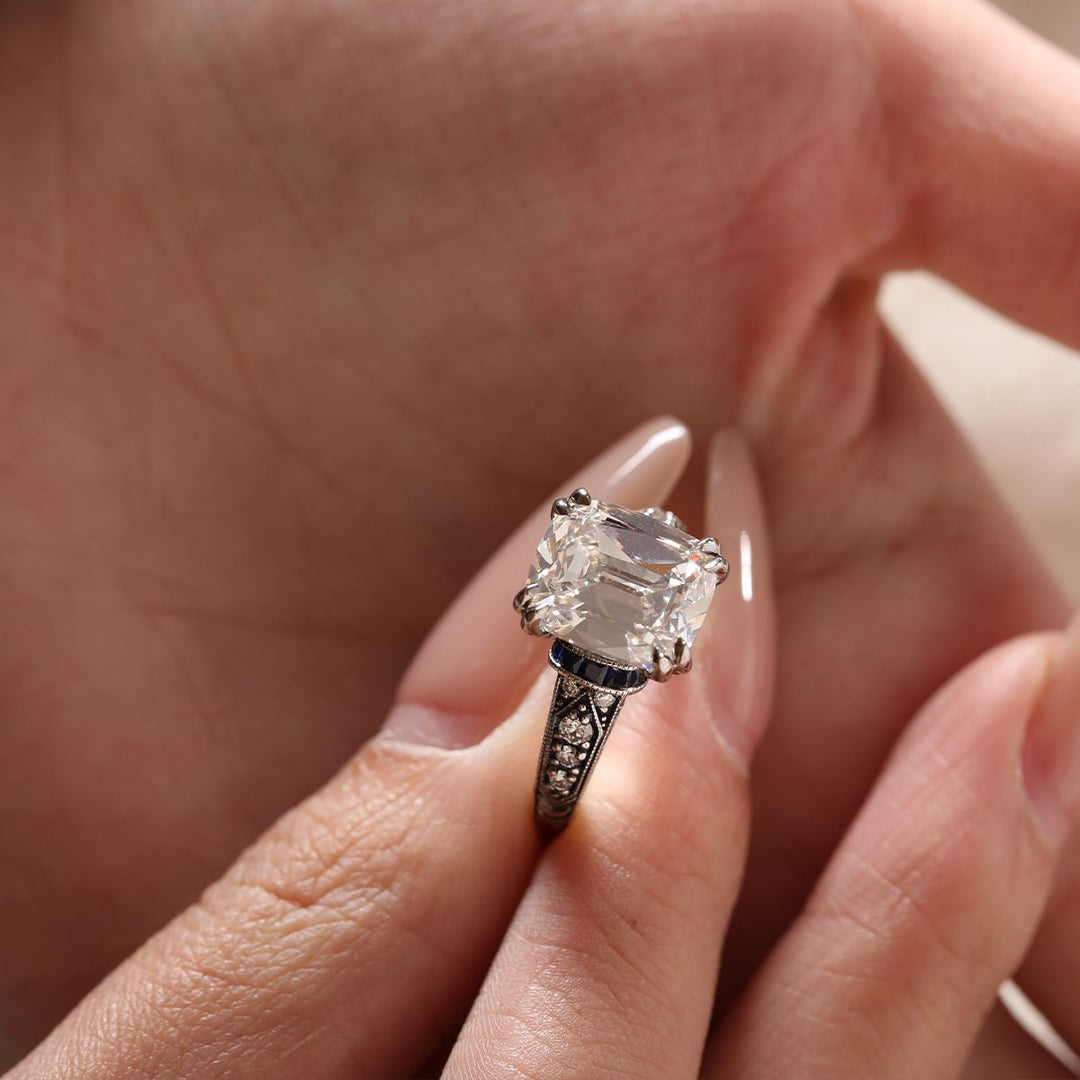 18K Gold 4.5ct Elongated Old Mine Cut Lab Diamond Antique - inspired Ring with Princess Cut Lab Sapphire &amp; Round Cut Lab Diamond Side - stone - FIORESE JEWELRY