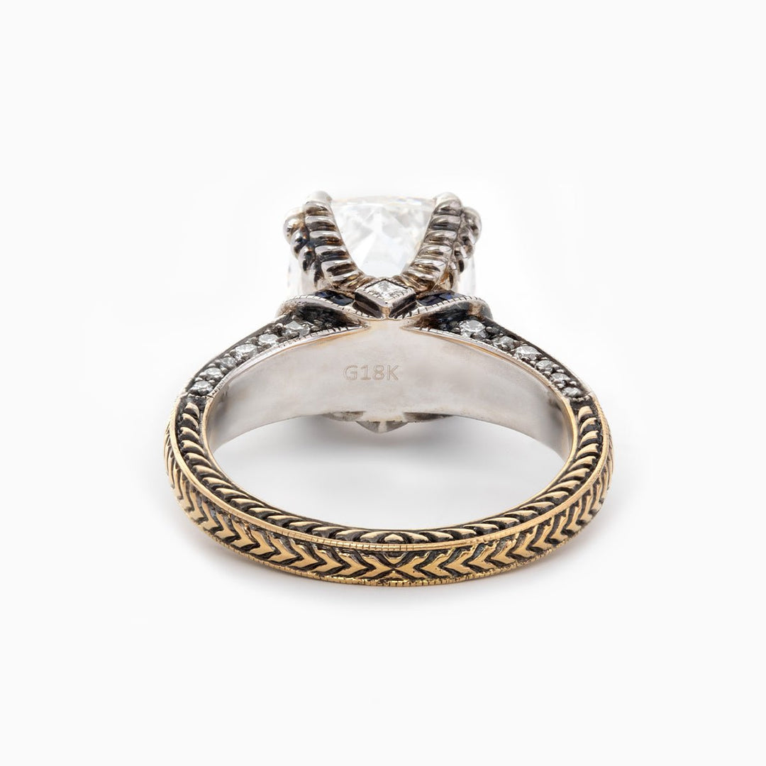 18K Gold 4.5ct Elongated Old Mine Cut Lab Diamond Antique - inspired Ring with Princess Cut Lab Sapphire &amp; Round Cut Lab Diamond Side - stone - FIORESE JEWELRY