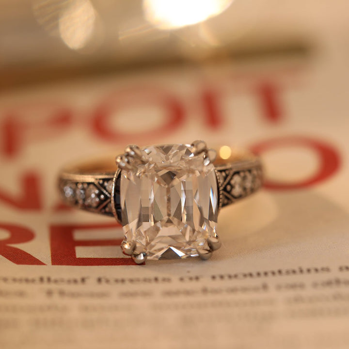 18K Gold 4.5ct Elongated Old Mine Cut Lab Diamond Antique - inspired Ring with Princess Cut Lab Sapphire &amp; Round Cut Lab Diamond Side - stone - FIORESE JEWELRY