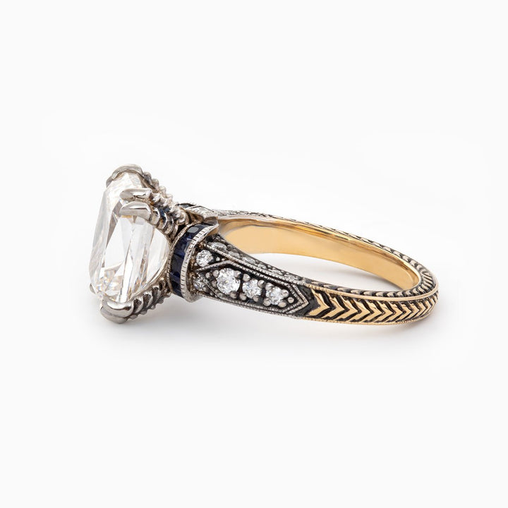 18K Gold 4.5ct Elongated Old Mine Cut Lab Diamond Antique - inspired Ring with Princess Cut Lab Sapphire &amp; Round Cut Lab Diamond Side - stone - FIORESE JEWELRY
