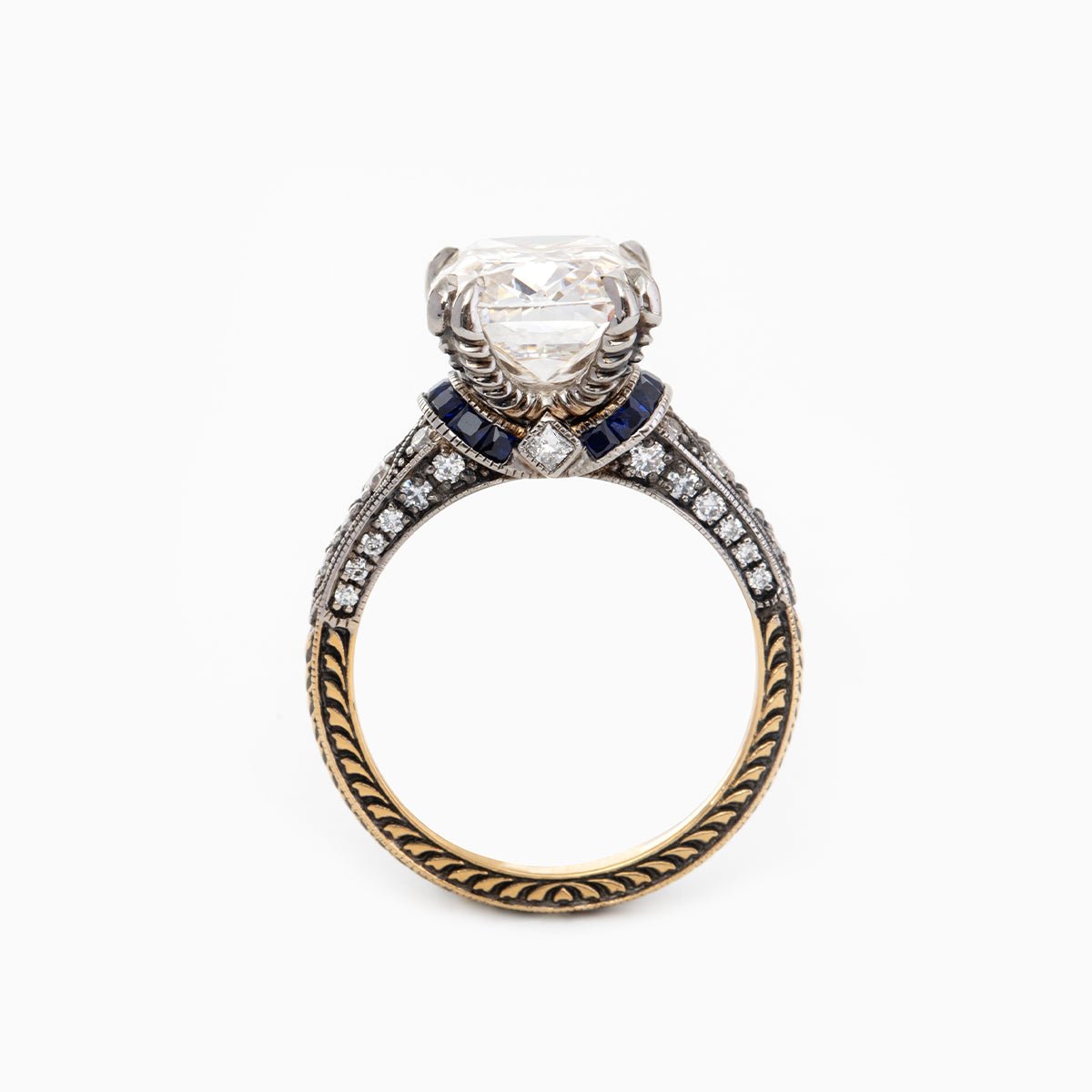 Elongated Old Mine-Cut Lab Diamond Antique-Inspired Ring with Princess-Cut Lab Sapphire, Round-Cut Lab Diamond Side Stones and Classical-Pattern Band