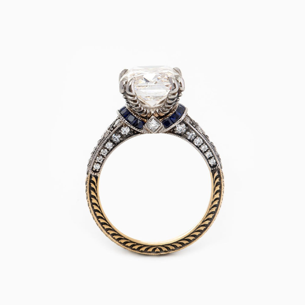 18K Gold 4.5ct Elongated Old Mine Cut Lab Diamond Antique - inspired Ring with Princess Cut Lab Sapphire & Round Cut Lab Diamond Side - stone - FIORESE JEWELRY