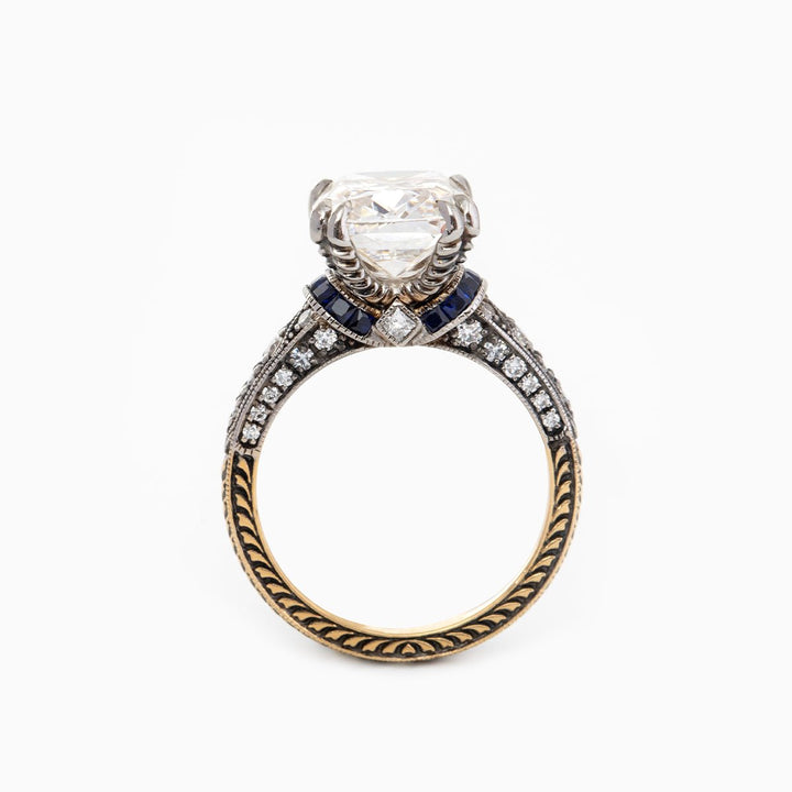 18K Gold 4.5ct Elongated Old Mine Cut Lab Diamond Antique - inspired Ring with Princess Cut Lab Sapphire &amp; Round Cut Lab Diamond Side - stone - FIORESE JEWELRY