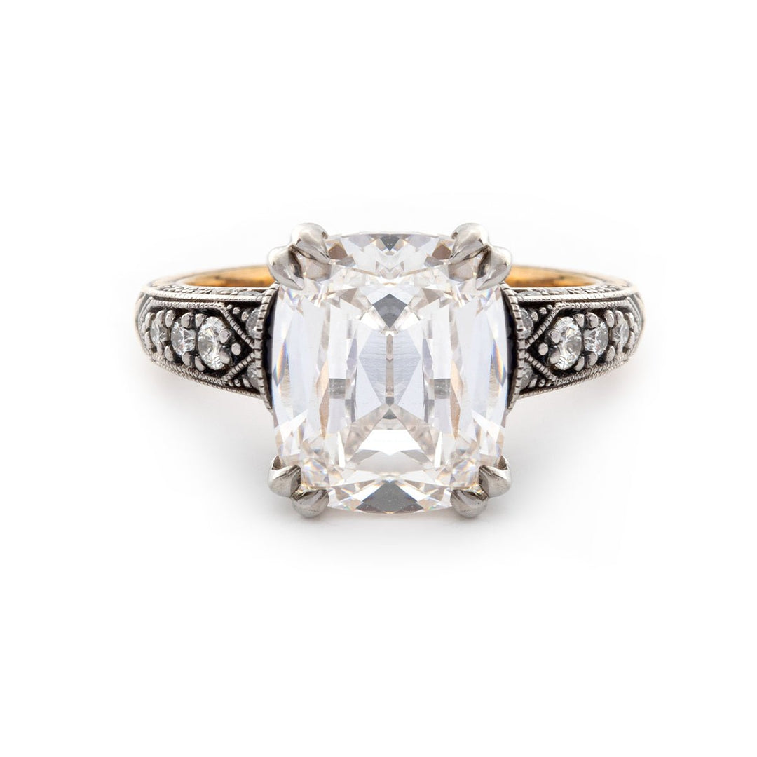 18K Gold 4.5ct Elongated Old Mine Cut Lab Diamond Antique - inspired Ring with Princess Cut Lab Sapphire & Round Cut Lab Diamond Side - stone - FIORESE JEWELRY