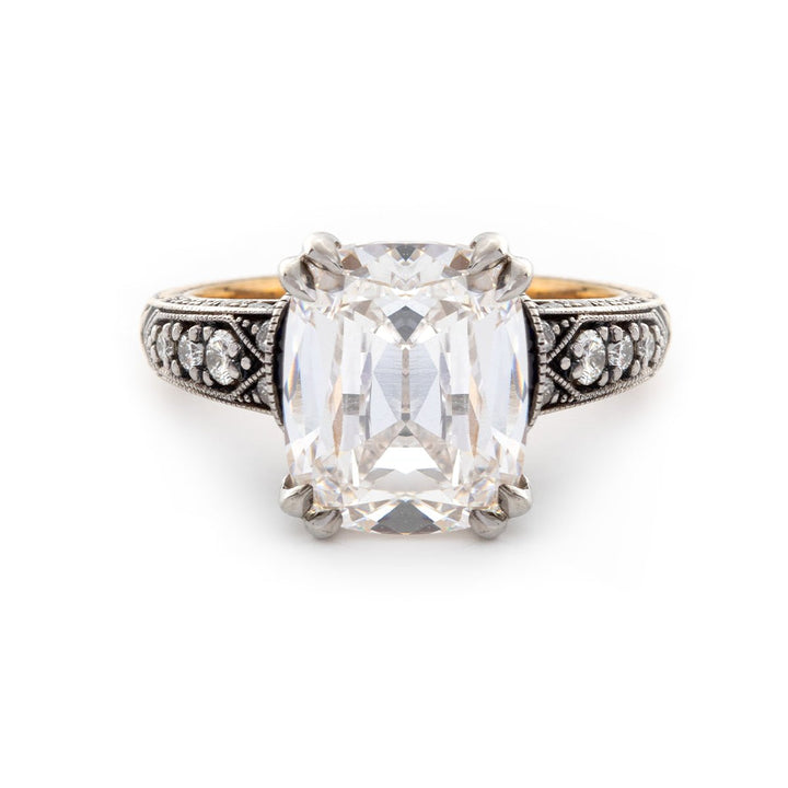 18K Gold 4.5ct Elongated Old Mine Cut Lab Diamond Antique - inspired Ring with Princess Cut Lab Sapphire &amp; Round Cut Lab Diamond Side - stone - FIORESE JEWELRY