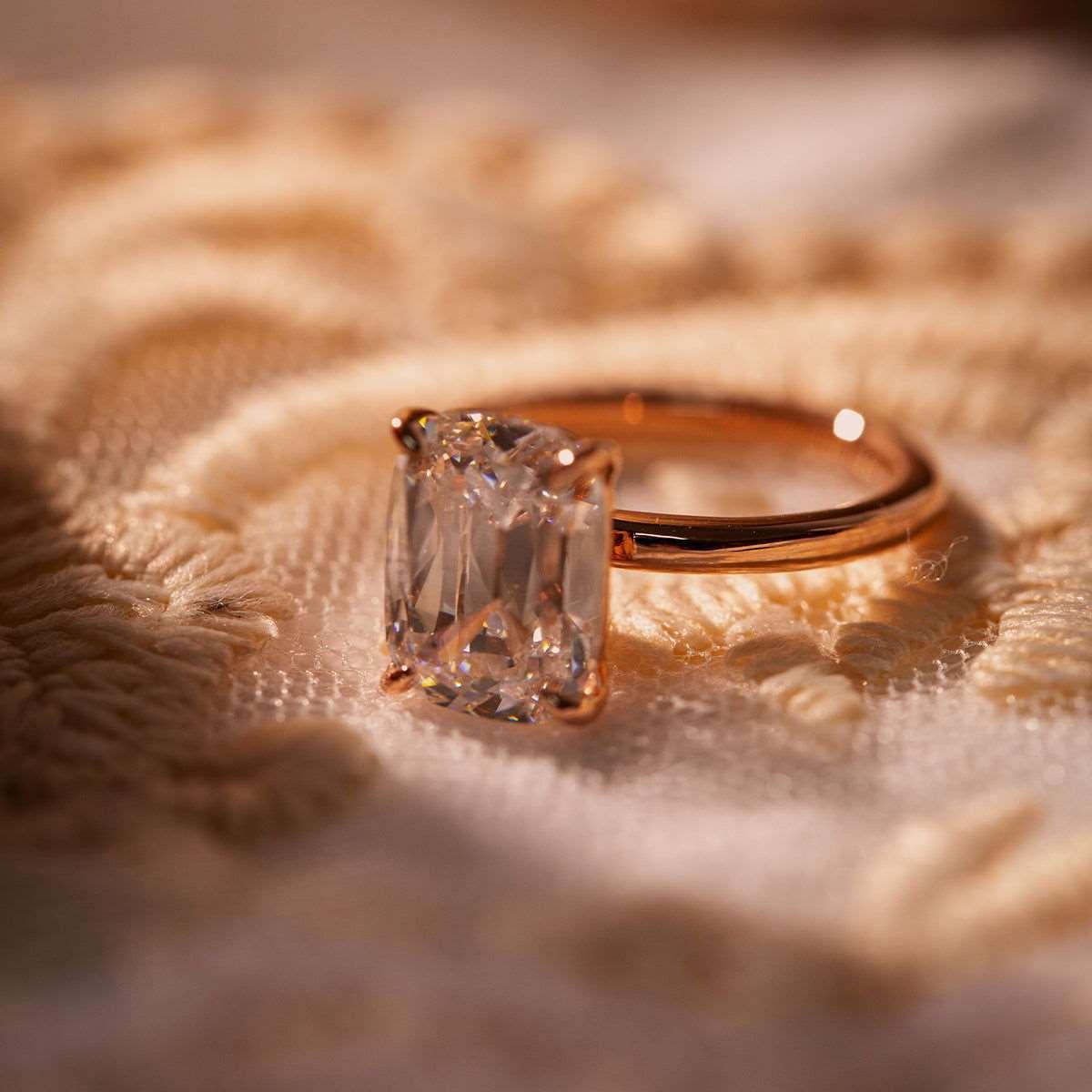 Elongated Old Mine-Cut Lab Diamond 4-Claw Prong Martini Basket Solitaire Ring