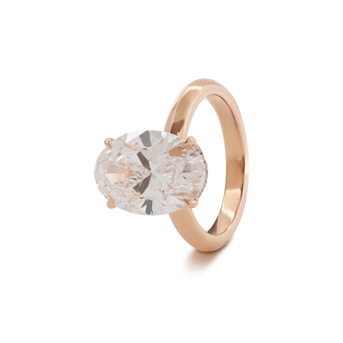 18K Rose Gold 4ct Oval Cut Lab Diamond 4 Claw Prong Hidden-halo Engagement Ring in Knife Edge Band Design
