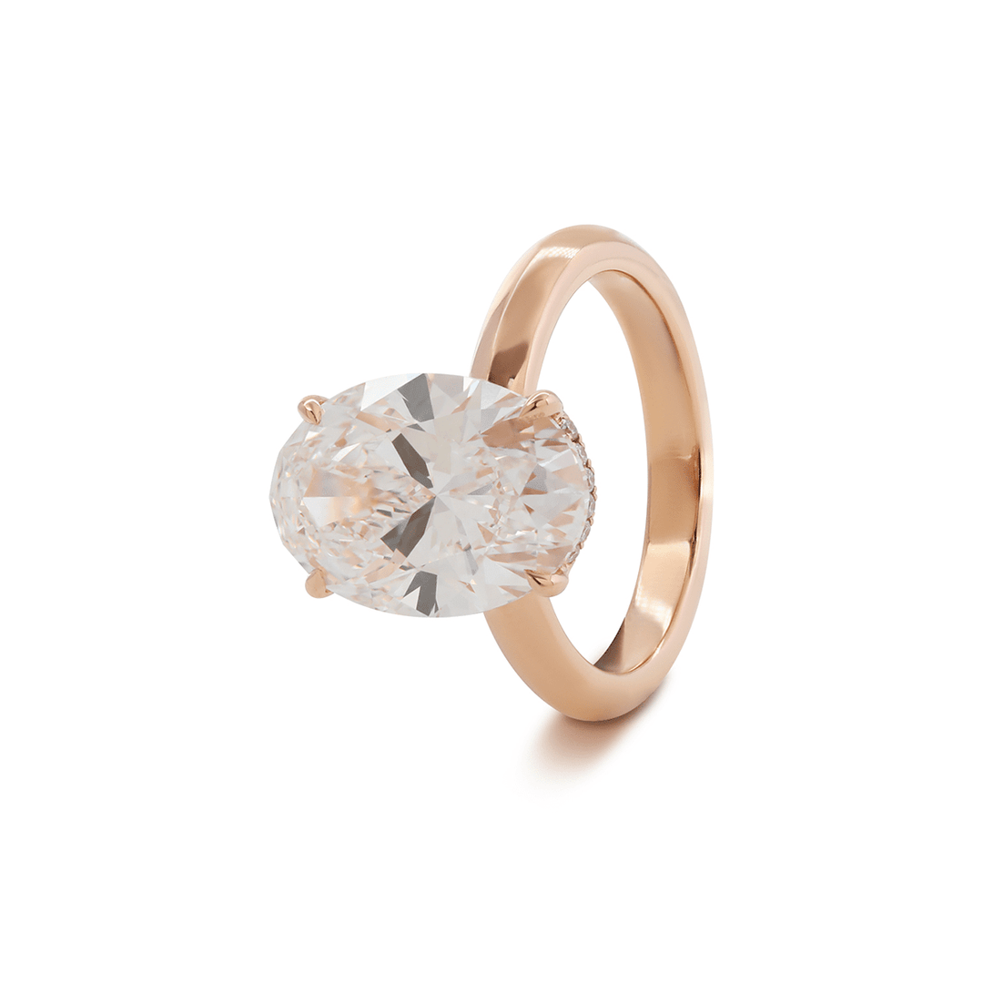 18K Rose Gold 4ct Oval Cut Lab Diamond 4 Claw Prong Hidden - halo Engagement Ring in Knife Edge Band Design - FIORESE JEWELRY