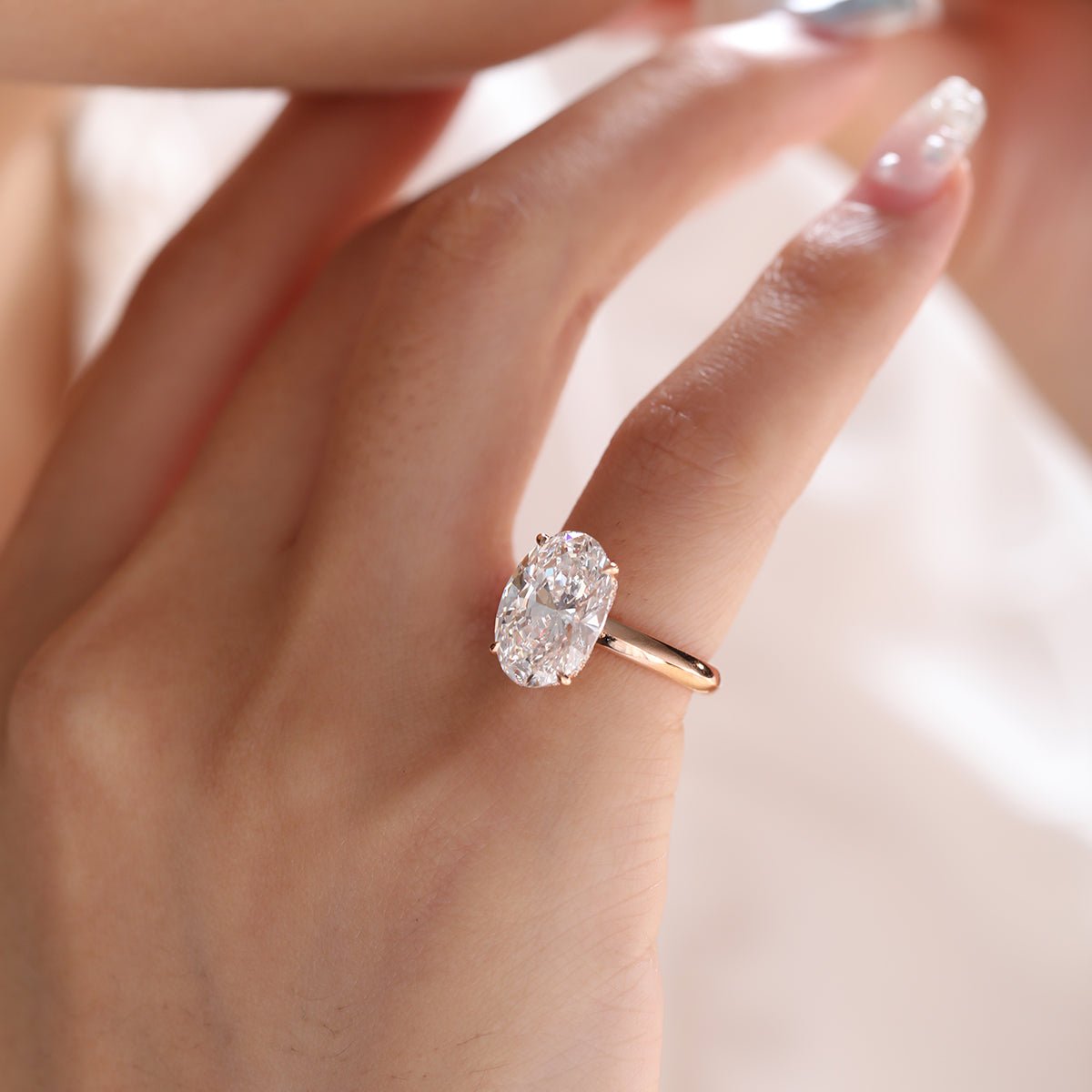 18K Rose Gold 4ct Oval Cut Lab Diamond 4 Claw Prong Hidden - halo Engagement Ring in Knife Edge Band Design - FIORESE JEWELRY