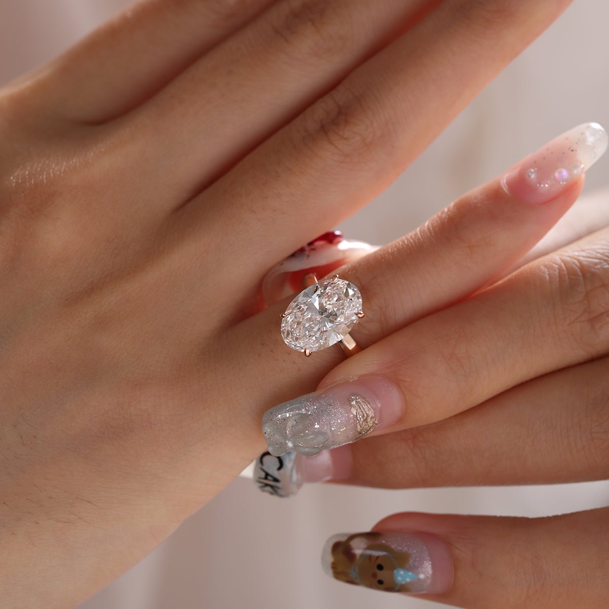 18K Rose Gold 4ct Oval Cut Lab Diamond 4 Claw Prong Hidden-halo Engagement Ring in Knife Edge Band Design