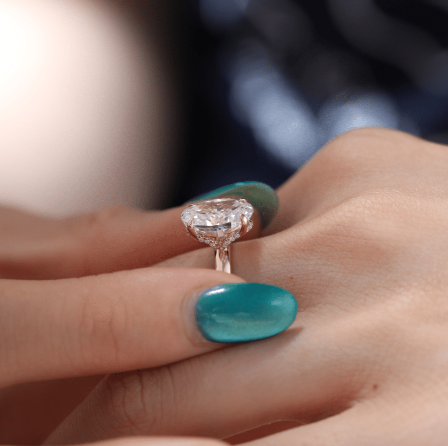 18K Rose Gold 4ct Oval Cut Lab Diamond 4 Claw Prong Hidden-halo Engagement Ring in Knife Edge Band Design