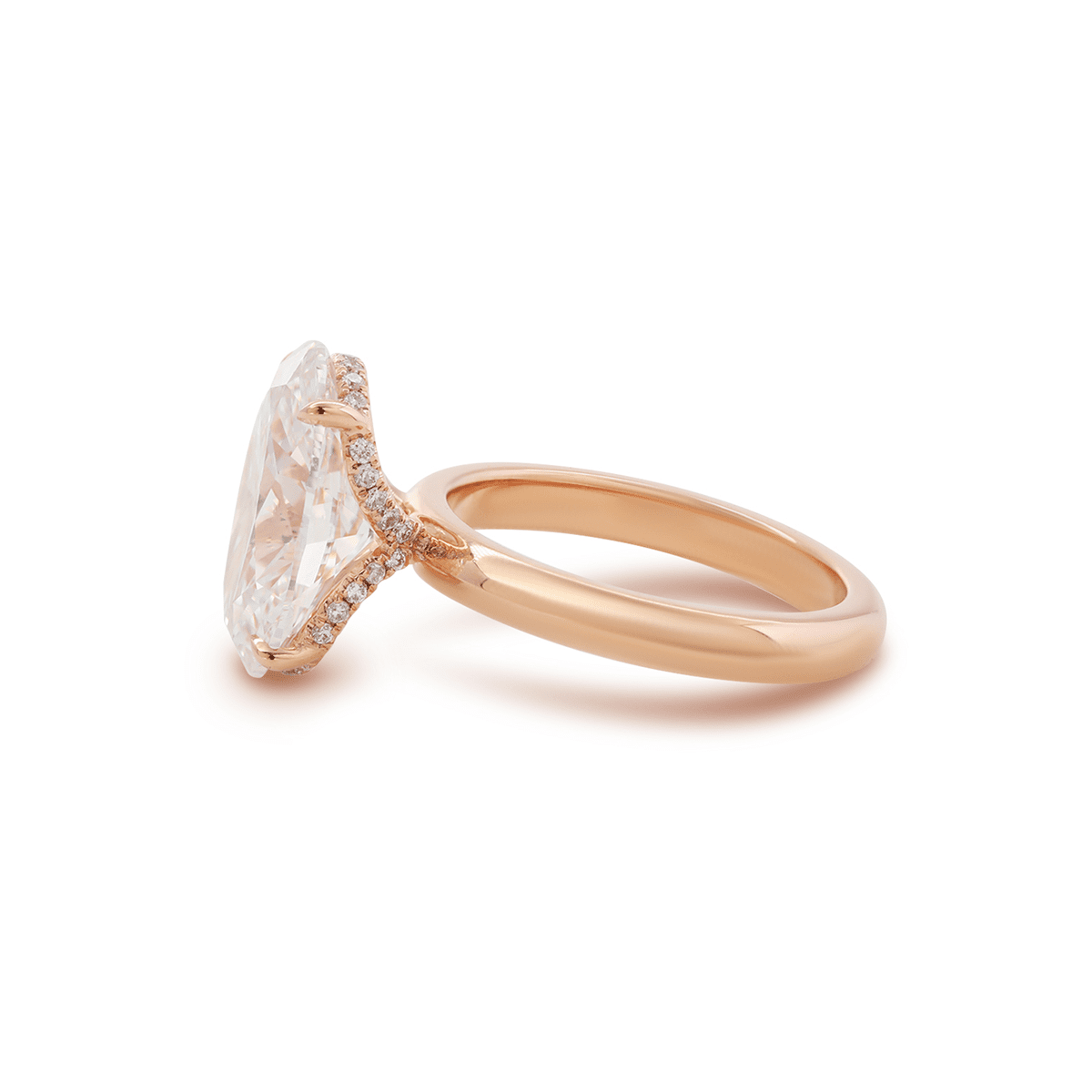 18K Rose Gold 4ct Oval Cut Lab Diamond 4 Claw Prong Hidden-halo Engagement Ring in Knife Edge Band Design