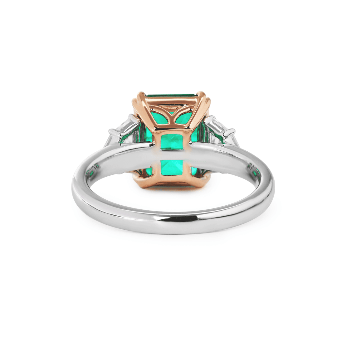 18K White and Rose Gold 2ct Lab Emerald Three Stone Ring with Cadillac Cut Lab Diamond Side - stone - FIORESE JEWELRY