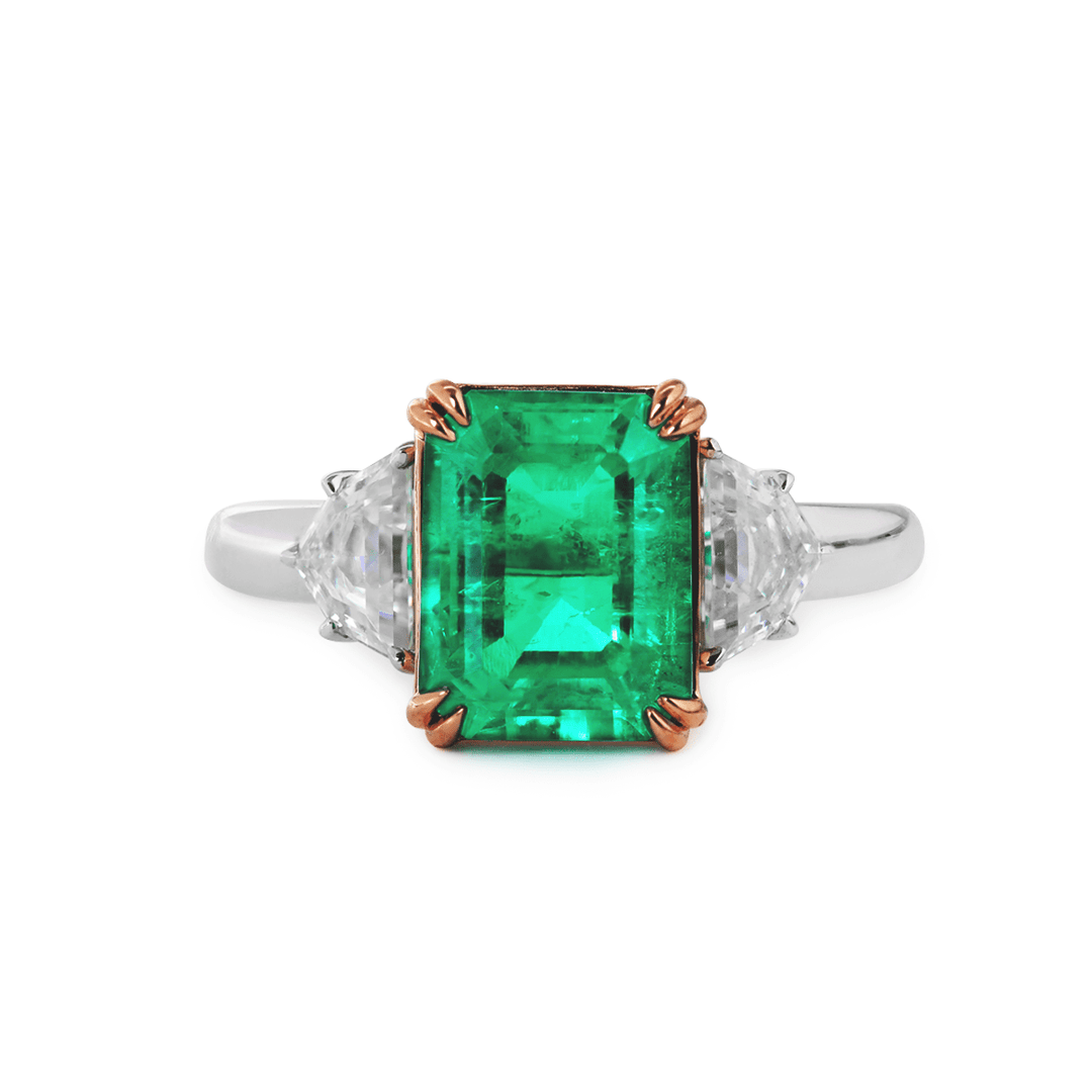 18K White and Rose Gold 2ct Lab Emerald Three Stone Ring with Cadillac Cut Lab Diamond Side - stone - FIORESE JEWELRY