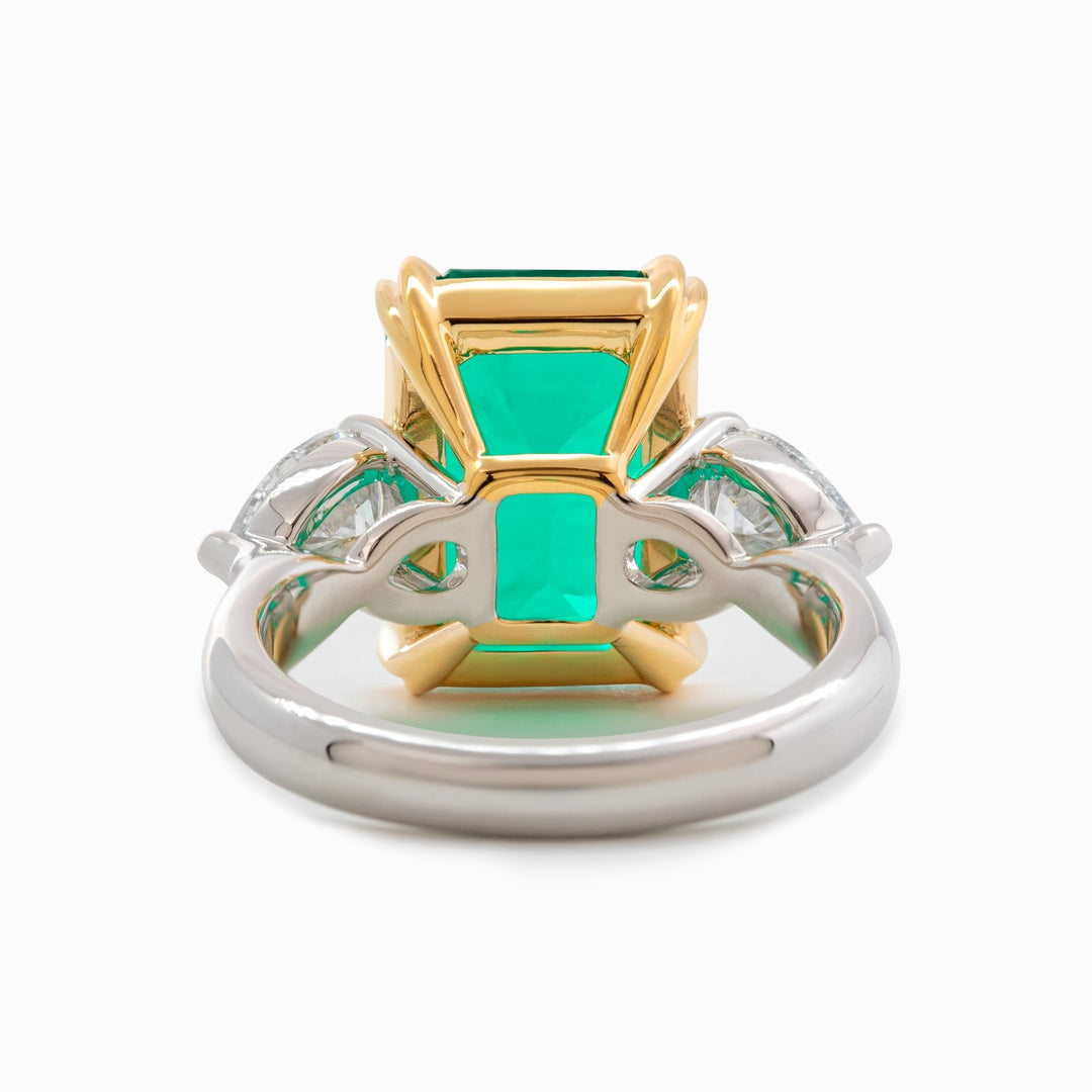 18K White and Yellow Gold 6ct Lab Emerald Three Stone Ring with Pear Cut Lab Diamond Side - stone - FIORESE JEWELRY