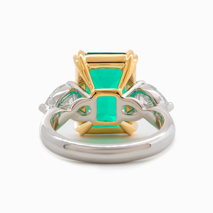 18K White and Yellow Gold 6ct Lab Emerald Three Stone Ring with Pear Cut Lab Diamond Side - stone - FIORESE JEWELRY