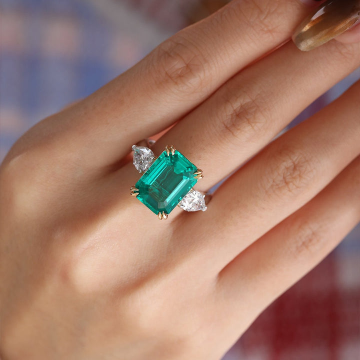 18K White and Yellow Gold 6ct Lab Emerald Three Stone Ring with Pear Cut Lab Diamond Side - stone - FIORESE JEWELRY