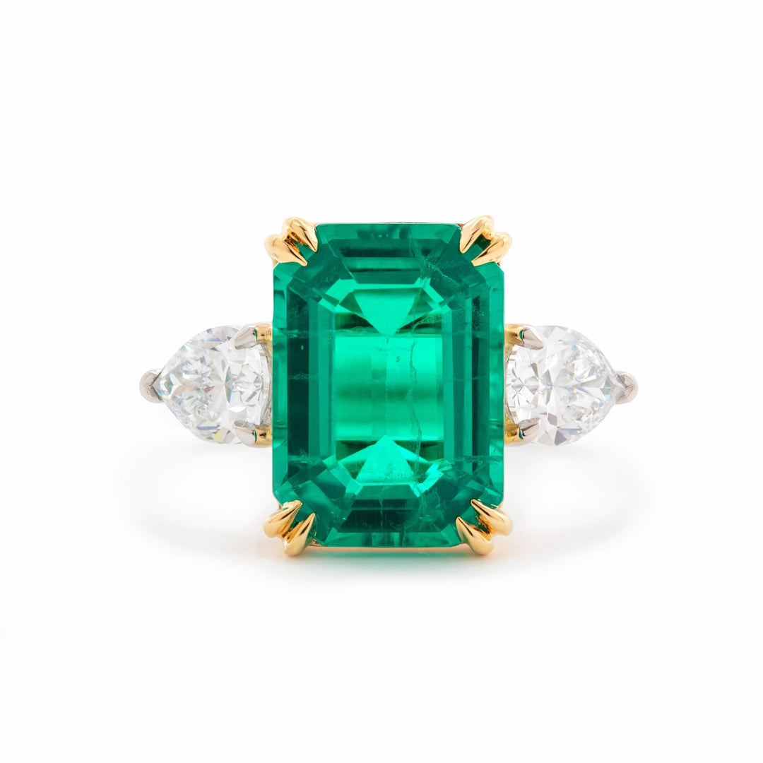 18K White and Yellow Gold 6ct Lab Emerald Three Stone Ring with Pear Cut Lab Diamond Side - stone - FIORESE JEWELRY