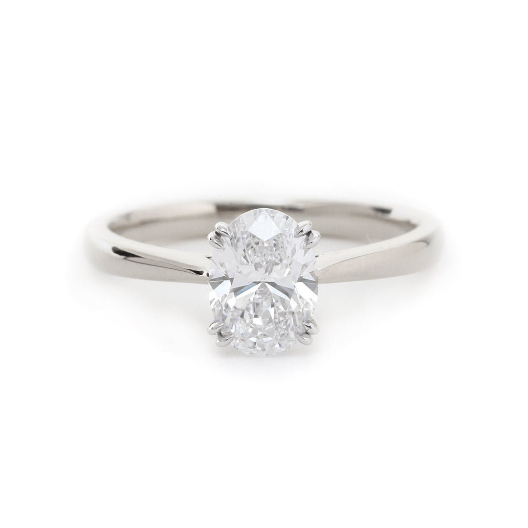 18K White Gold 1 Carat Oval Diamond Ring with Tapered Band and Cathedral Setting - FIORESE JEWELRY