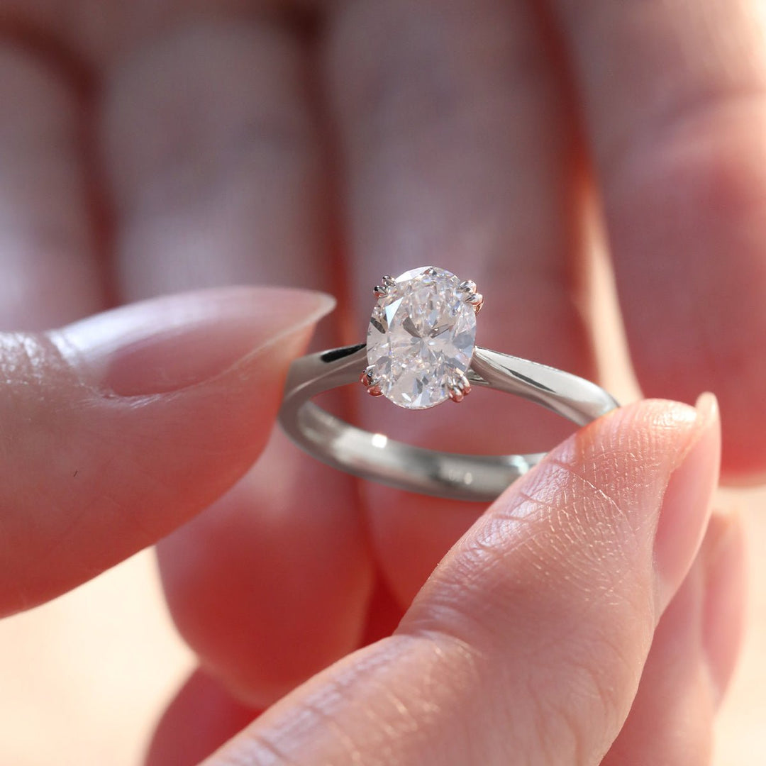 18K White Gold 1 Carat Oval Diamond Ring with Tapered Band and Cathedral Setting - FIORESE JEWELRY