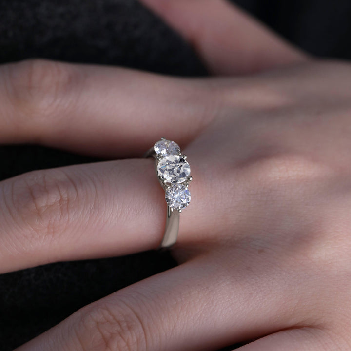 18K White Gold 1ct Old European Cut Lab Diamond Three Stone Ring - FIORESE JEWELRY