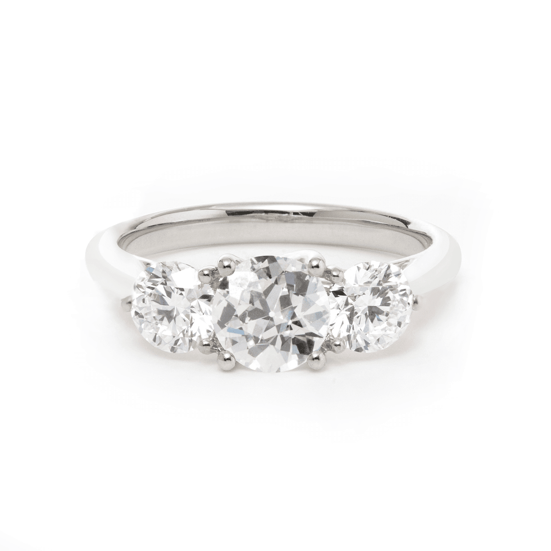 18K White Gold 1ct Old European Cut Lab Diamond Three Stone Ring - FIORESE JEWELRY