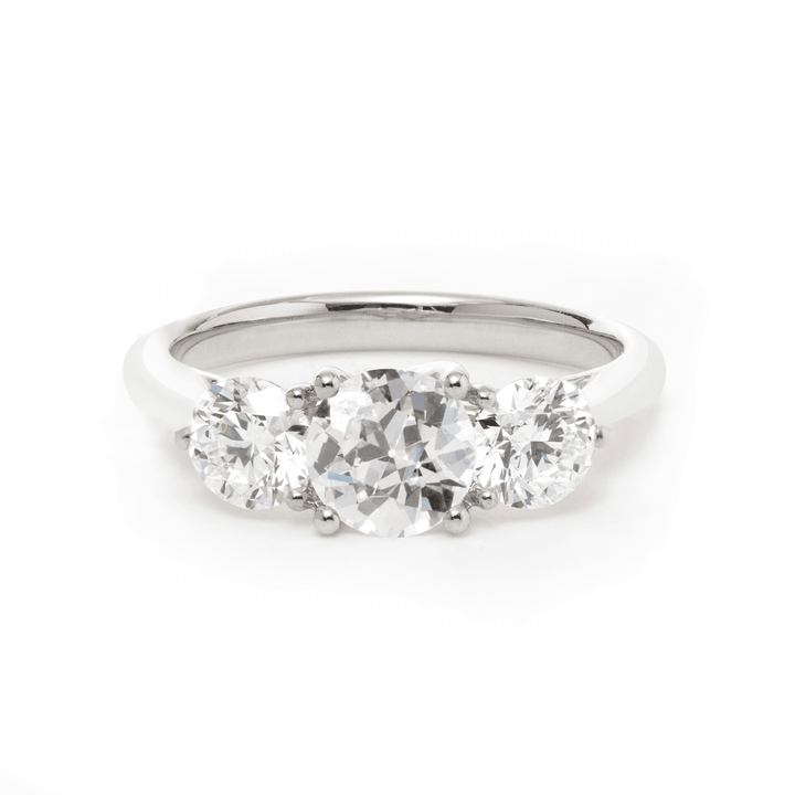18K White Gold 1ct Old European Cut Lab Diamond Three Stone Ring - FIORESE JEWELRY