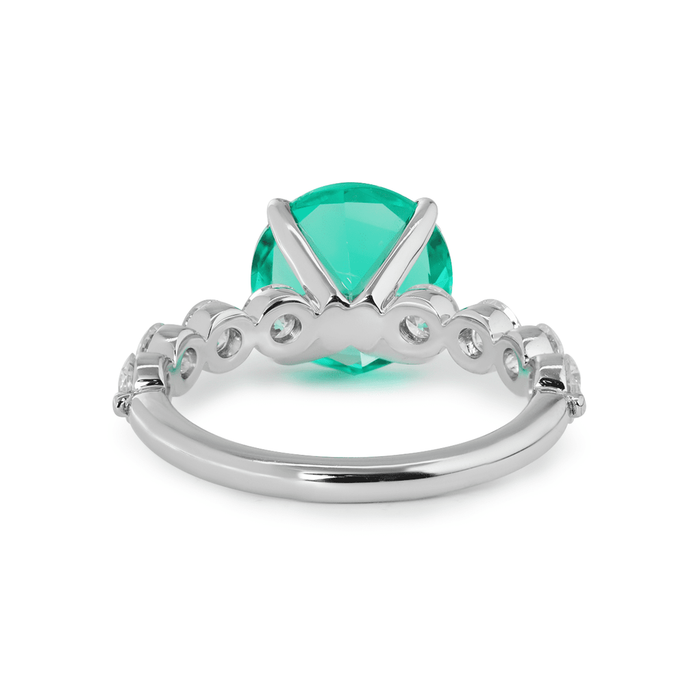 18K White Gold 2.5ct Round Colombian Lab Emerald 4 Calw Prong Ring with 8 Round Lab Diamond Side - stones - FIORESE JEWELRY