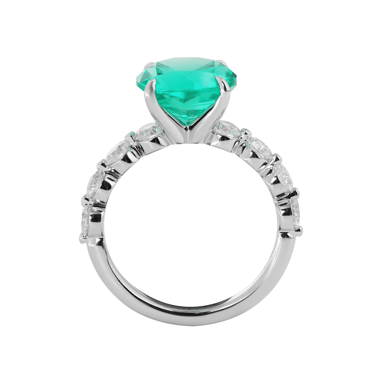 18K White Gold 2.5ct Round Colombian Lab Emerald 4 Calw Prong Ring with 8 Round Lab Diamond Side-stones