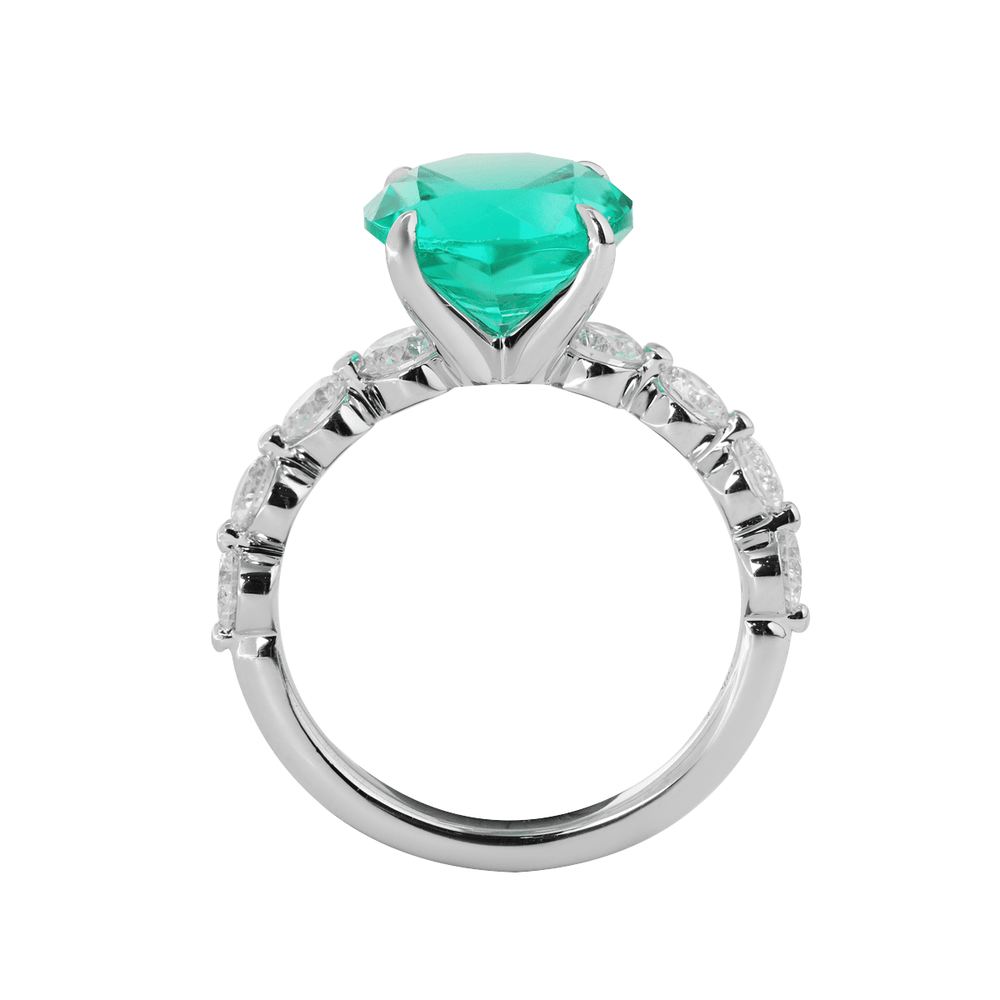 18K White Gold 2.5ct Round Colombian Lab Emerald 4 Calw Prong Ring with 8 Round Lab Diamond Side - stones - FIORESE JEWELRY