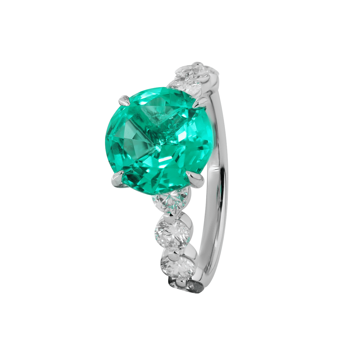 18K White Gold 2.5ct Round Colombian Lab Emerald 4 Calw Prong Ring with 8 Round Lab Diamond Side-stones
