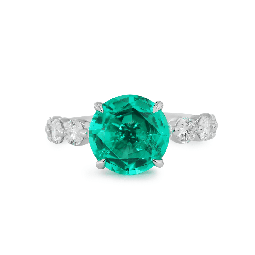 18K White Gold 2.5ct Round Colombian Lab Emerald 4 Calw Prong Ring with 8 Round Lab Diamond Side - stones - FIORESE JEWELRY