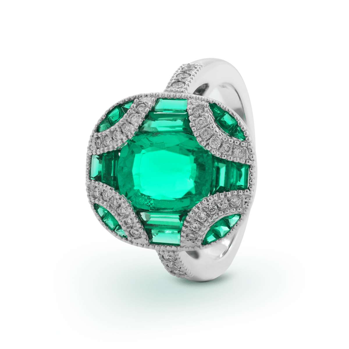 18K White Gold 2ct Cushion Lab Columbian Emerald Millegrain Invisible Setting Vintage Ring with Round Lab Diamond and Mixed Cut Lab Columbian Emerald Side-stones