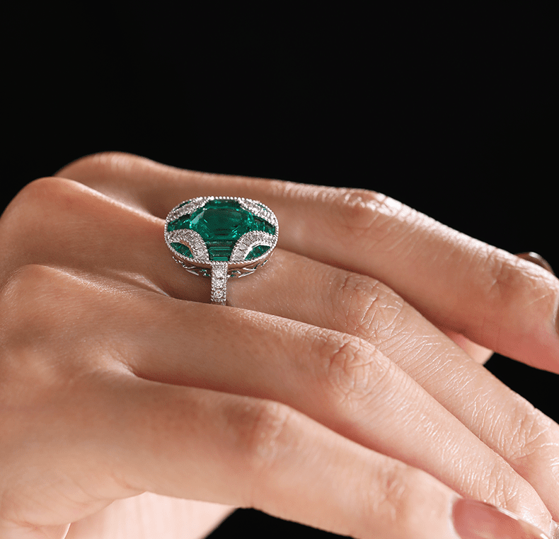 18K White Gold 2ct Cushion Lab Columbian Emerald Millegrain Invisible Setting Vintage Ring with Round Lab Diamond and Mixed Cut Lab Columbian Emerald Side-stones