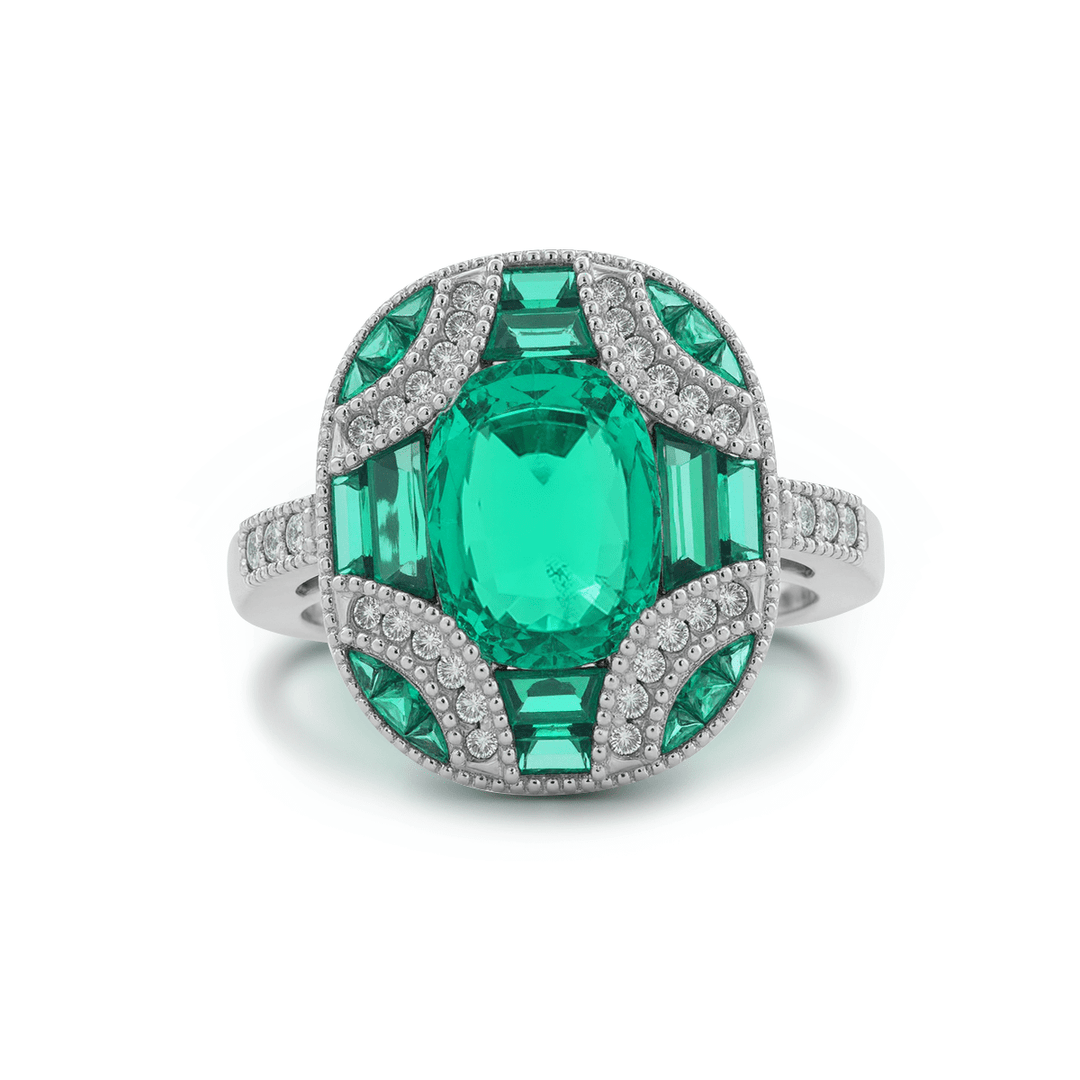18K White Gold 2ct Cushion Lab Columbian Emerald Millegrain Invisible Setting Vintage Ring with Round Lab Diamond and Mixed Cut Lab Columbian Emerald Side - stones - FIORESE JEWELRY