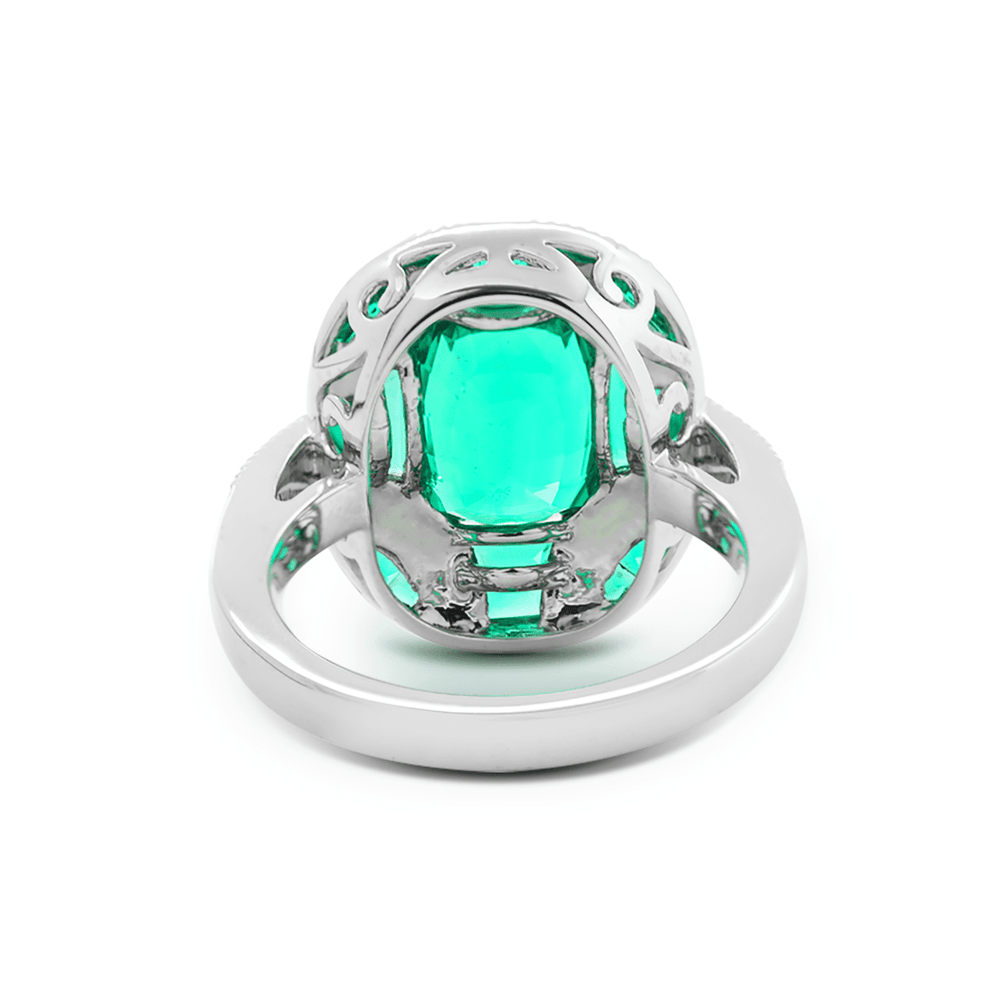 18K White Gold 2ct Cushion Lab Columbian Emerald Millegrain Invisible Setting Vintage Ring with Round Lab Diamond and Mixed Cut Lab Columbian Emerald Side - stones - FIORESE JEWELRY
