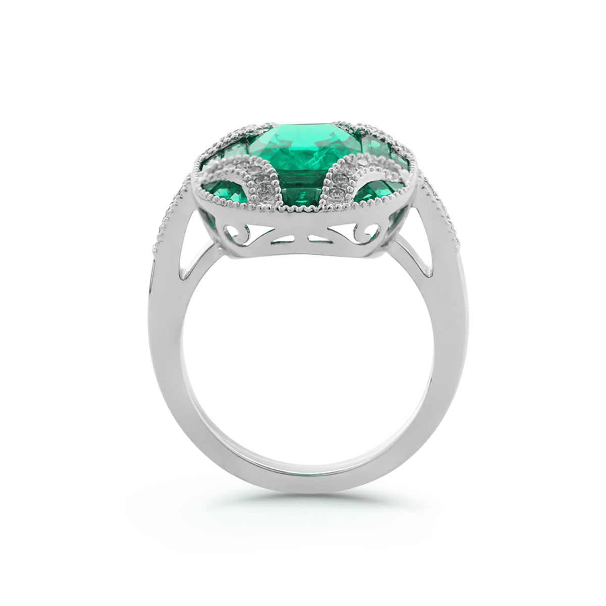 18K White Gold 2ct Cushion Lab Columbian Emerald Millegrain Invisible Setting Vintage Ring with Round Lab Diamond and Mixed Cut Lab Columbian Emerald Side-stones