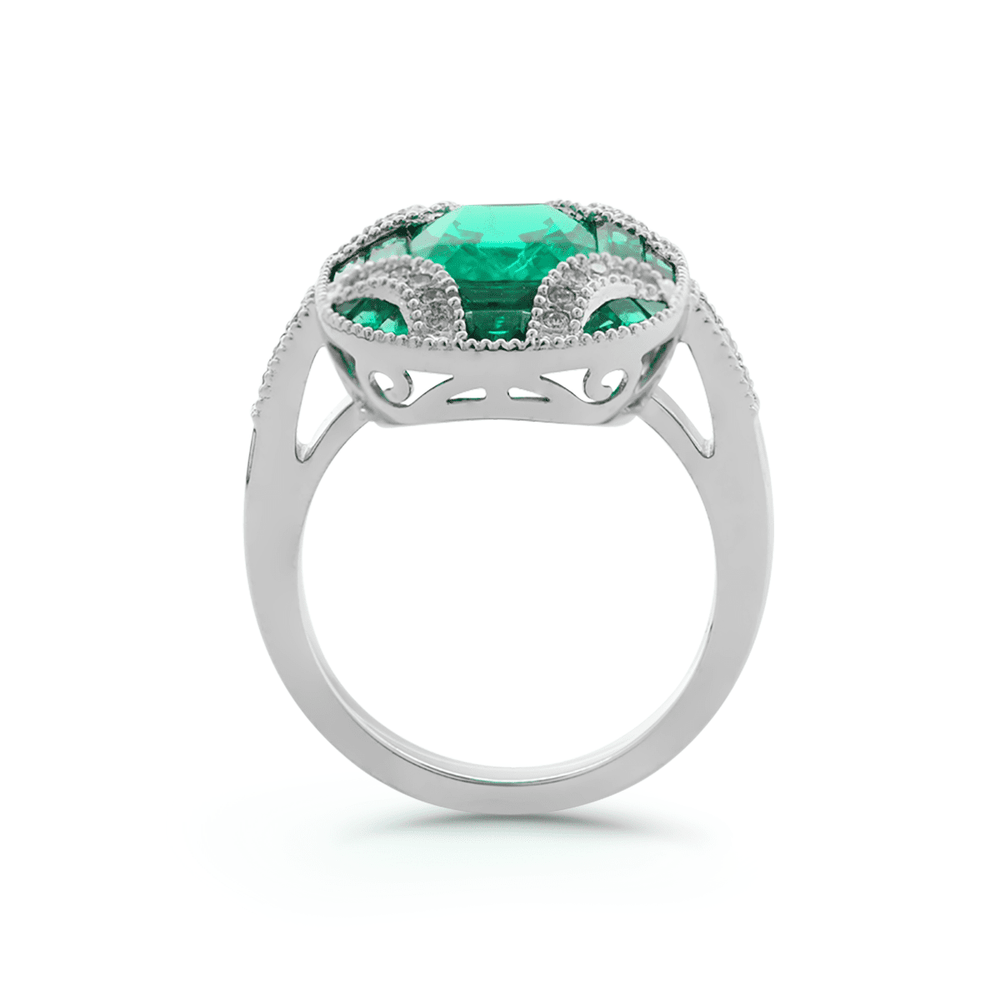 18K White Gold 2ct Cushion Lab Columbian Emerald Millegrain Invisible Setting Vintage Ring with Round Lab Diamond and Mixed Cut Lab Columbian Emerald Side - stones - FIORESE JEWELRY
