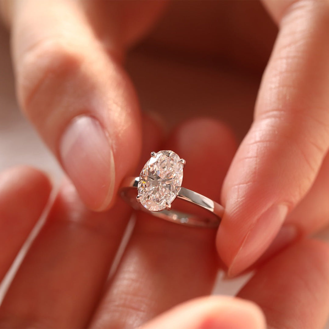 18K White Gold 2ct Oval Cut Lab Diamond Slim Band Solitaire Ring - FIORESE JEWELRY