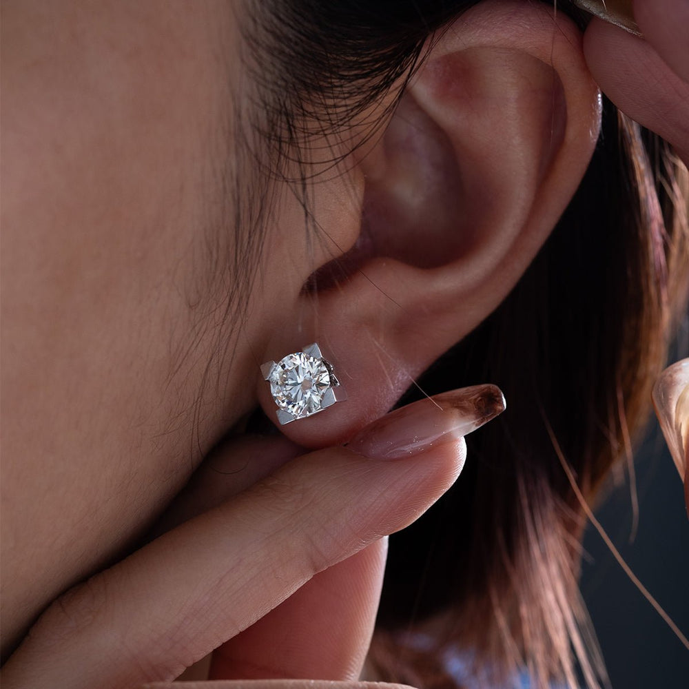 18K White Gold 3 ct tw Round Lab Diamond W & H Shaped Setting Stud Errings - FIORESE JEWELRY