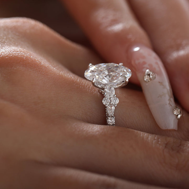 18K White Gold 3.5ct Oval Lab Diamond Vintage Ring with Millegrain and Lab Diamond Side - stones Pave - FIORESE JEWELRY