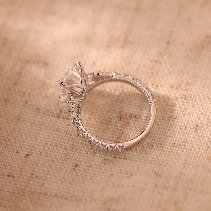 18K White Gold 3.5ct Oval Lab Diamond Vintage Ring with Millegrain and Lab Diamond Side - stones Pave - FIORESE JEWELRY