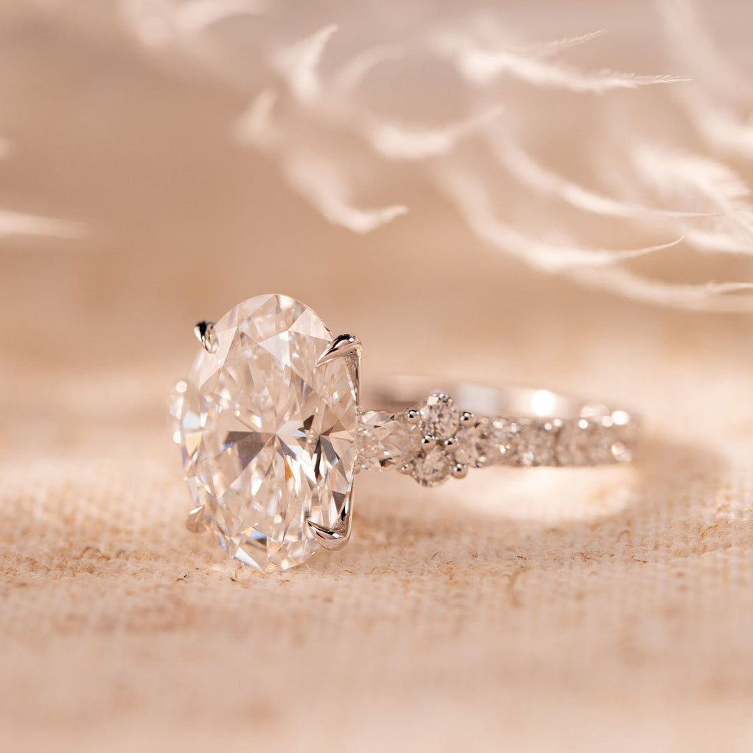 18K White Gold 3.5ct Oval Lab Diamond Vintage Ring with Millegrain and Lab Diamond Side - stones Pave - FIORESE JEWELRY
